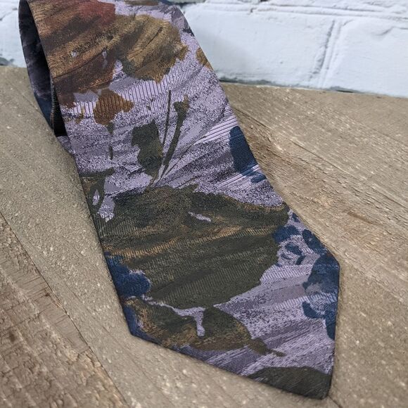 Oscar de la Renta Mens neck tie floral watercolor print purple - Picture 3 of 6